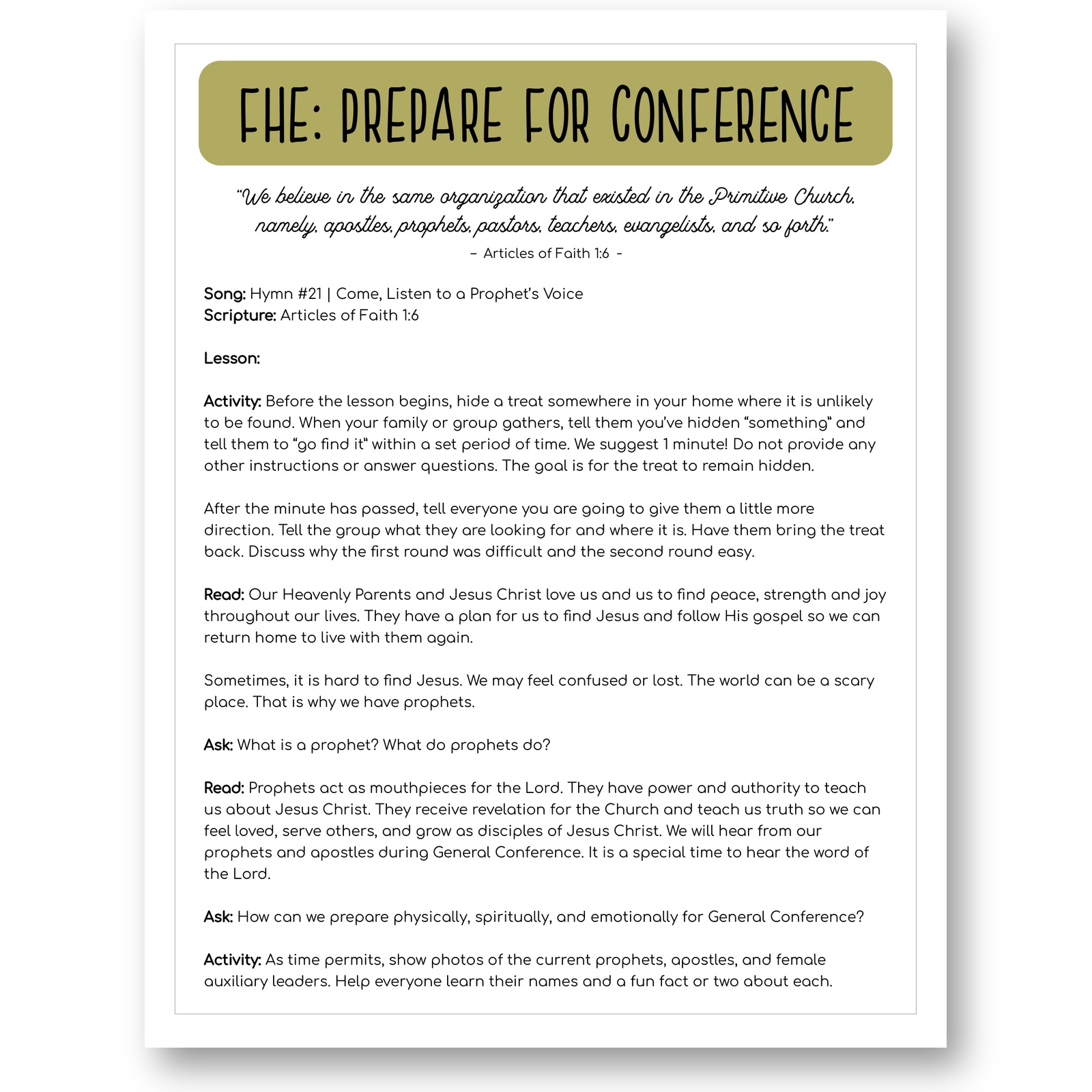 Family home evening lesson to prepare for General Conference