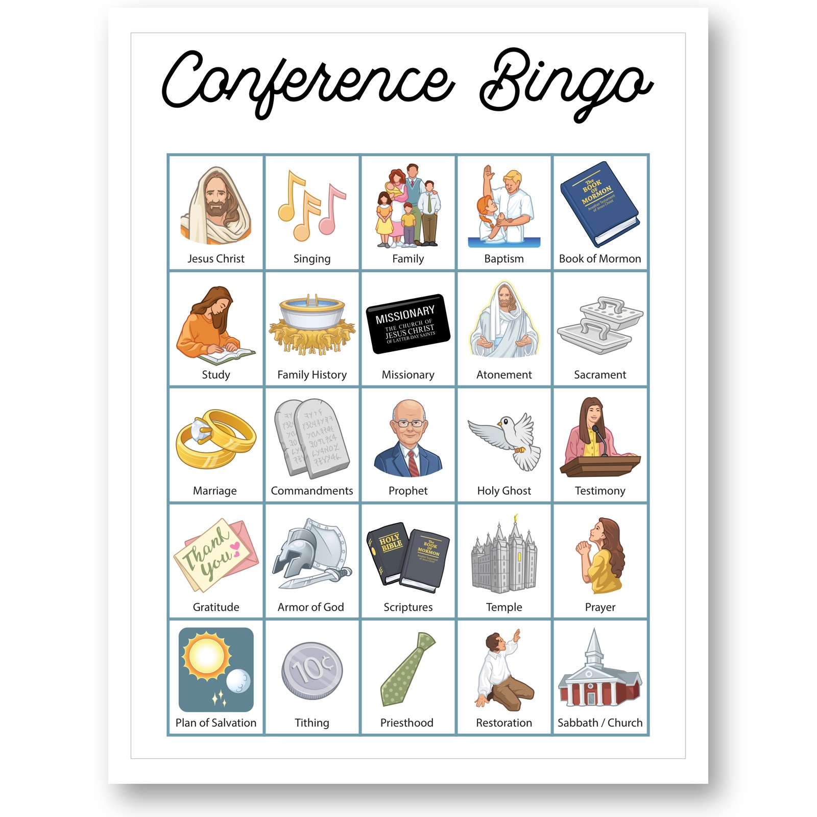 General Conference bingo printable card one