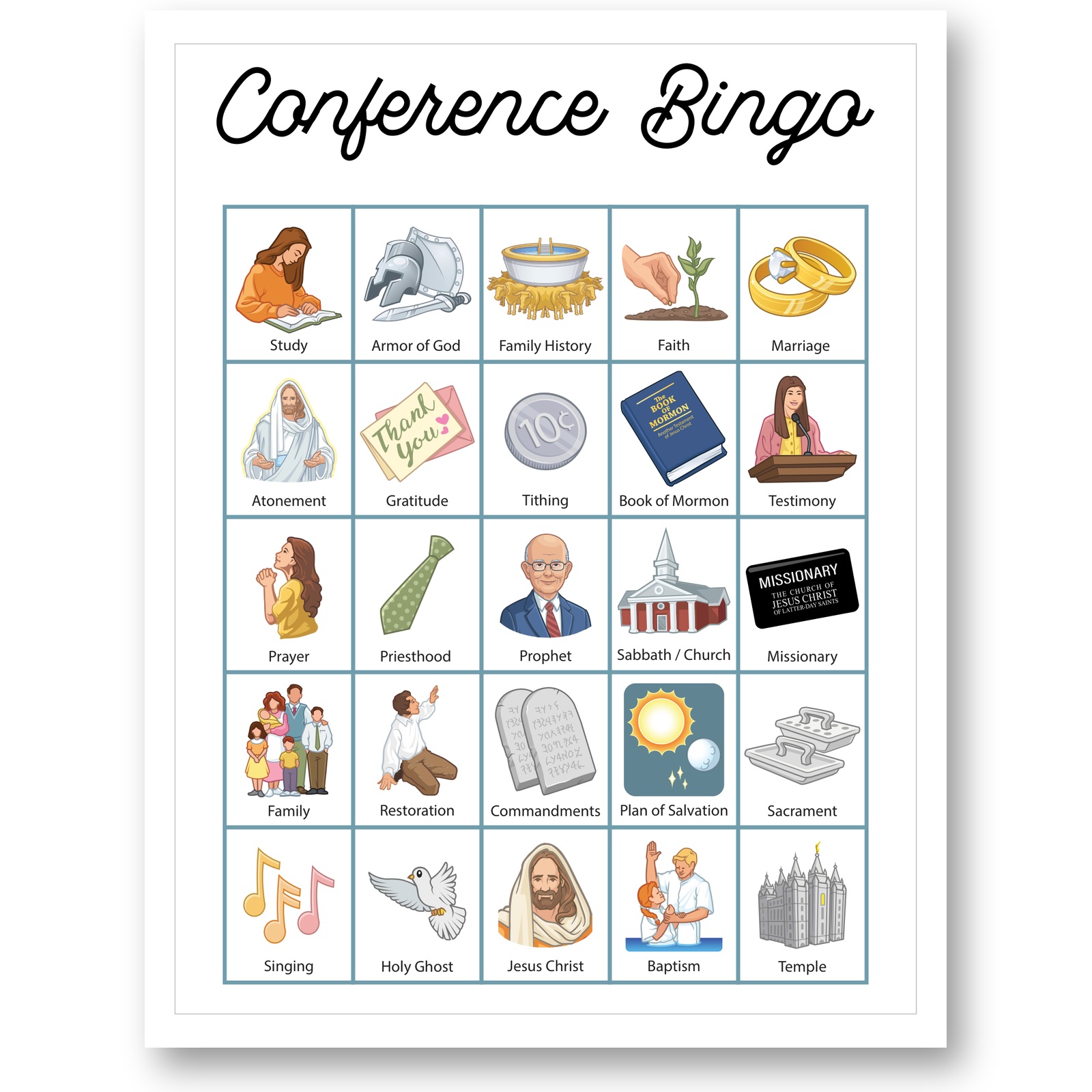 General Conference bingo printable card three
