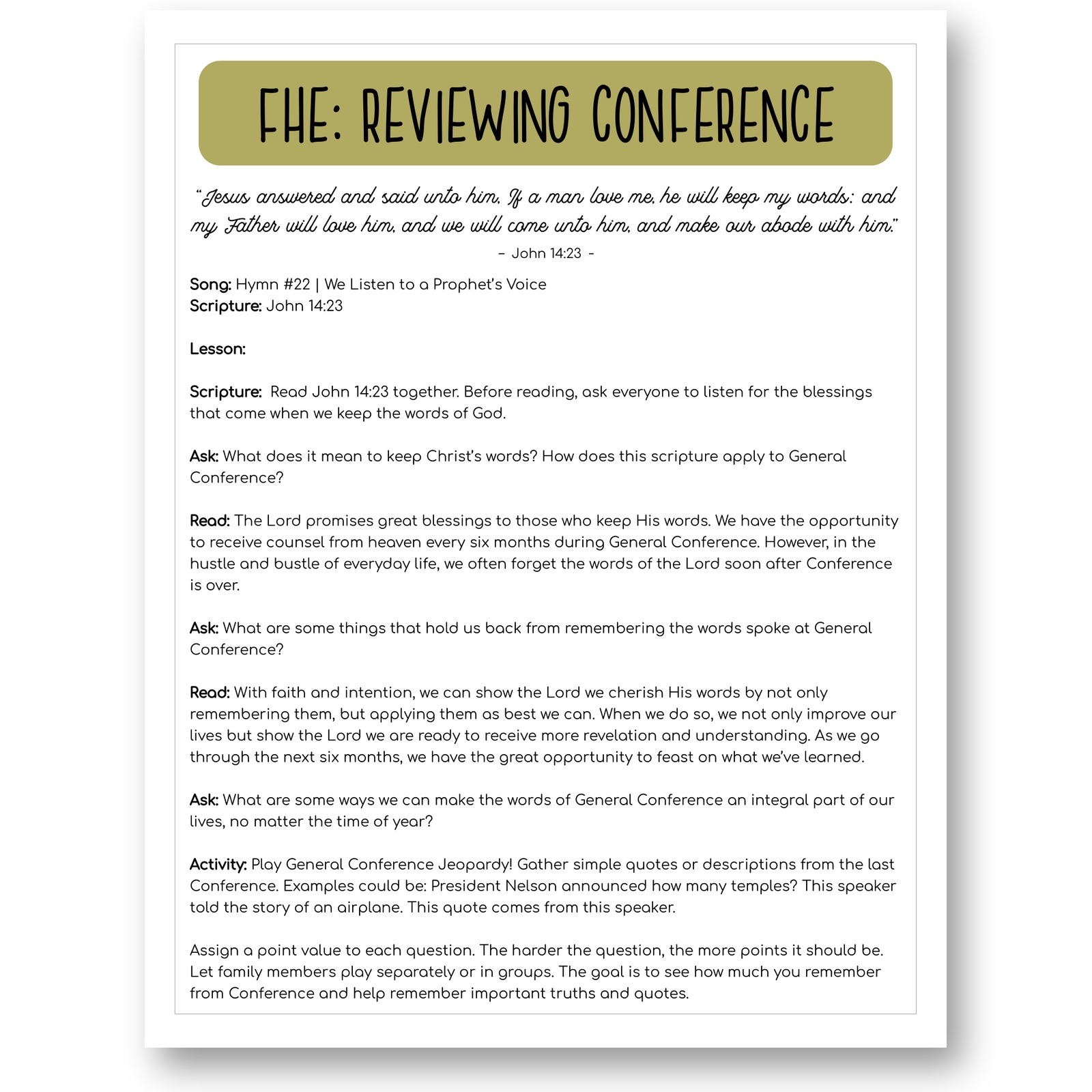 Family home evening lesson for reviewing General Conference